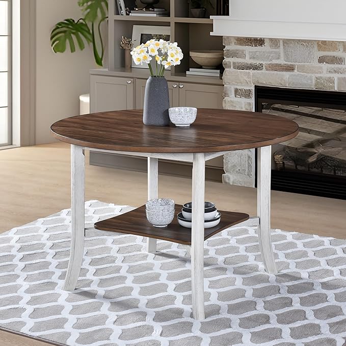 46" Storage Shelf Island Table, Rustic Dining Table with Sturdy Build, Farmhouse Dining Table with Modern Vibe for Small Gatherings, Antique Dark Oak,Antique White