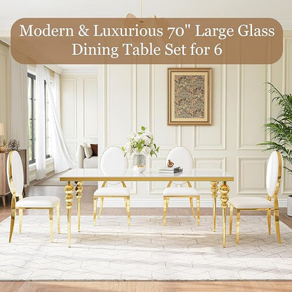 7 Piece Dining Table Set, 70 Inch Rectangular Glass Kitchen Table with 6 Round Back Leather Chairs, for Dining Room, Living Room, Restaurant (Gold-White)