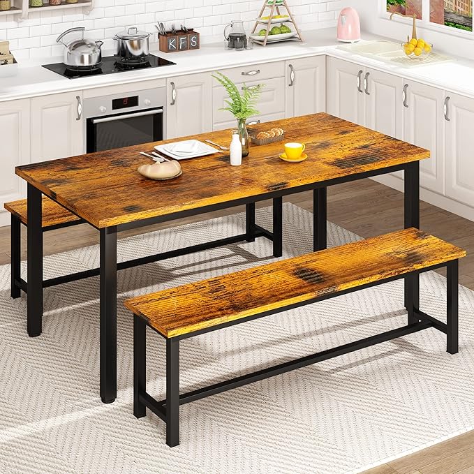 DKLGG Dining Table Set for 4, 47.2'' Kitchen Table with 2 Benches, 3 Piece Farmhouse Dining Room Table Set, Space-Saving Dinette for Kitchen, Dining Room, Apartment, Metal Frame & MDF Board