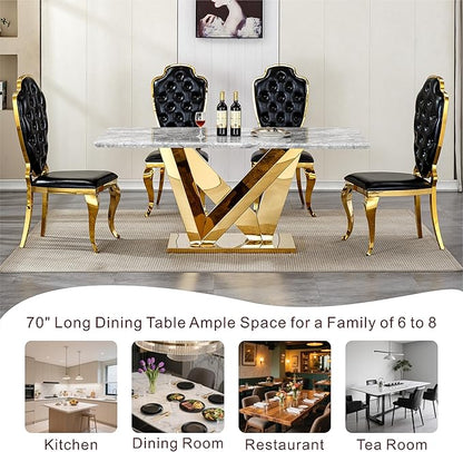 70" Marble Dining Table for 6-8, Modern Luxury Gold Rectangular Large Kitchen Table, Marble Grain MDF Tabletop & Stainless Steel Base, Dinner Furniture for Kitchen Dining Room, Meeting Room, Grey