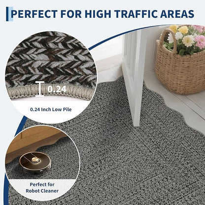 Imitation Braided Collection-Print Washable Rug 9x12 Area Rug for Bedroom Scalloped Living Room Rug Soft Large Rugs Non Slip Throw Rugs Stain Resistant Carpet for Nursery Dining Room Office