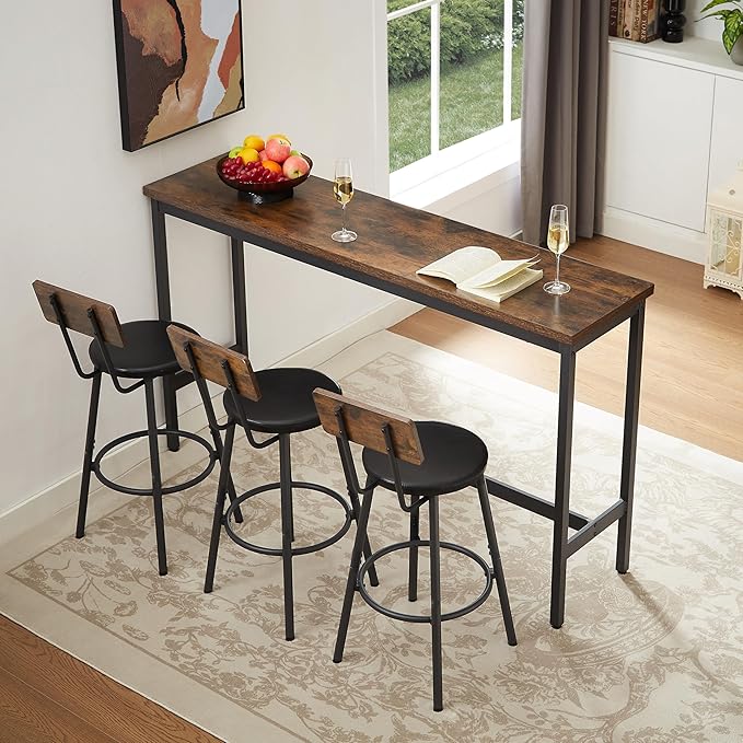KEIKI Long Bar Table Set with 3 PU Upholstered Bar Stools, Industrial Counter Height Dining Table and Chair Sets for Kitchen, Living Room, Small Space, Brown