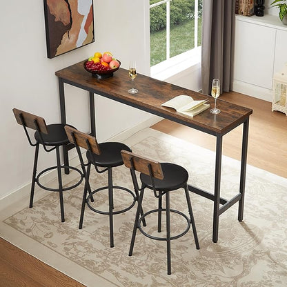 KEIKI Long Bar Table Set with 3 PU Upholstered Bar Stools, Industrial Counter Height Dining Table and Chair Sets for Kitchen, Living Room, Small Space, Brown