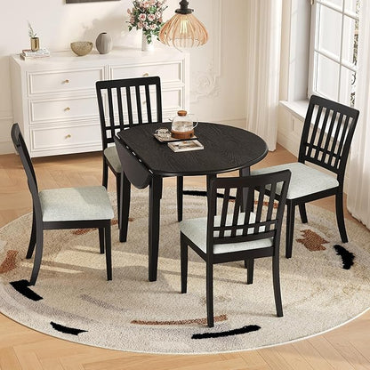 Merax 5-Piece Drop Leaf Round Dining Table Set for 4, Farmhouse Kitchen Table Set with Extendable Round Table and 4 Upholstered Chairs. Wood Table and Chairs Set for Dining Room, Living Room, Black