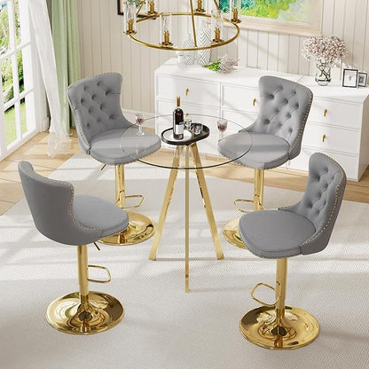 31.5'' Glass Round Bar Table with Stools Set for 4, Modern High Top Pub Table & 4 Adjustable Metal Bar Stool Velvet Swivel Counter Height Bars Chairs (Gold Metal Legs, Clear Top + Grey Chair)
