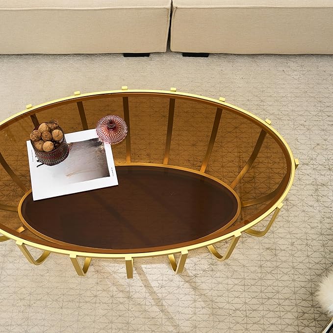 Saint Mossi Glass Oavl Coffee Table for Living Room, Mid Century Modern 2-Tier Glass Drum Center Table, Brown Glass Top with Gold Finish Legs & Frame, L42.5xW23xH16.5