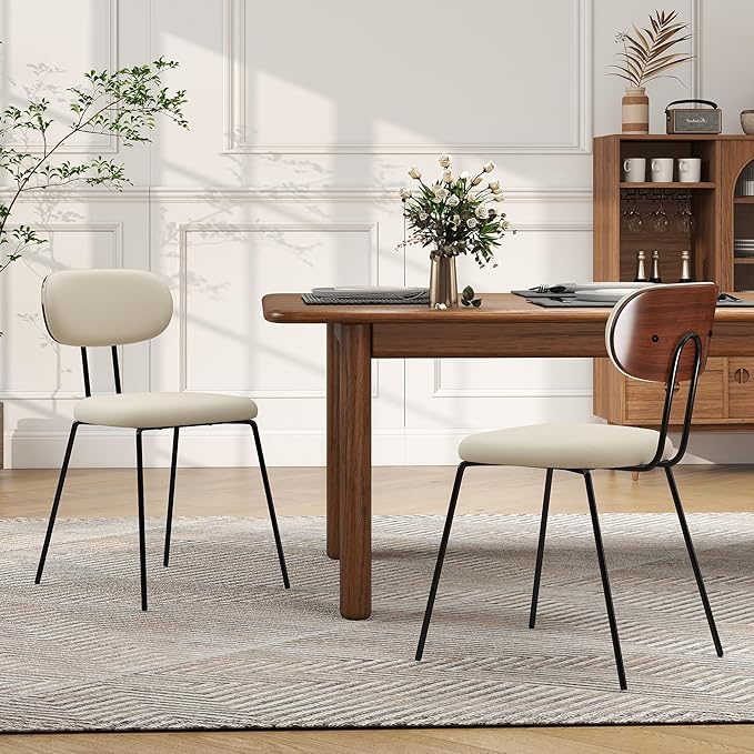 LSSPAID Dining Chairs Set of 2, Linen Fabric Upholstered Dining Room Chairs with Walnut Bentwood Back, Mid-Century Modern Kitchen Chairs with Adjustable Feet Pads, Beige