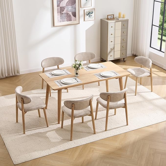 Upholstered Dining Chairs Set of 6, Velvet Fabric Kitchen & Dining Room Chairs with Solid Wood Legs, Modern Armless Side Chairs for Kitchen Island, Living Room, Restaurant (Beige, Set of 6)