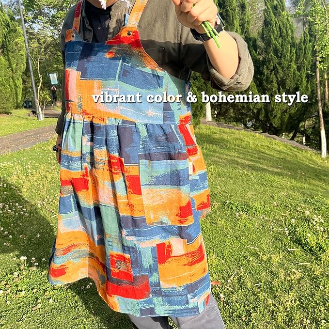 Cityelf Vintage Pinafore Apron Dress Snap Adjust Linen Cotton with Pockets Floral Aprons for Cooking Gardening