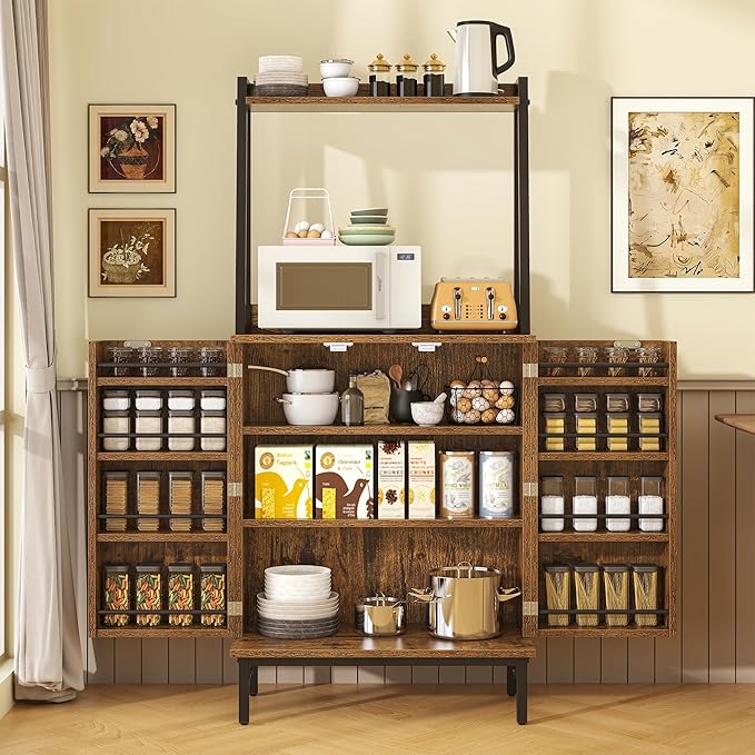 kepptory 51" Pantry Cabinet, Kitchen Pantry Storage Cabinet with, Storage Shelves, Modern Kitchen Hutch with Microwave Stand, Adjustable Shelves, Food Pantry Cabinet for Dining Room (Brown)
