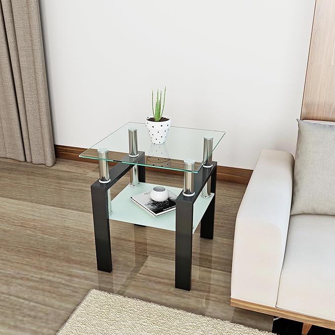 Glass End Table, Glass Side Table with Tempered Glass Top & Metal Legs, Living Room Table Modern Square Tea Table Side Tables 2-Layer for Living Room Bedroom