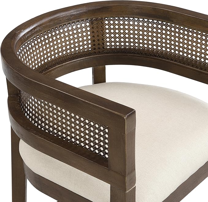 Set of 2 Upholstered Arm Counter Stools with Solid Rubberwood Frame & Natural Rattan Caned Back,Soft Padded Seating,Transitional Farmhouse Chairs for Kitchen Island Dining Room,25.5" H Walnut