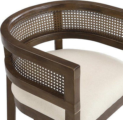Set of 2 Upholstered Arm Counter Stools with Solid Rubberwood Frame & Natural Rattan Caned Back,Soft Padded Seating,Transitional Farmhouse Chairs for Kitchen Island Dining Room,25.5" H Walnut