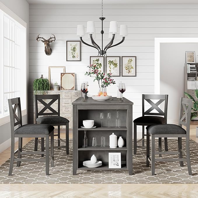 VilroCaz Farmhouse 5-Piece Dining Set, Compact Bar Pub Table With 3-Tier Shelf, Wooden Counter Height Table for 4, Perfect for Small Kitchen Dining Room (Gray-4 Chairs)
