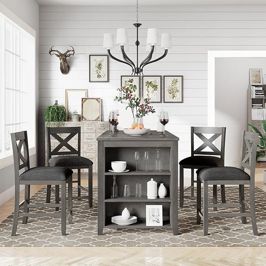 VilroCaz Farmhouse 5-Piece Dining Set, Compact Bar Pub Table With 3-Tier Shelf, Wooden Counter Height Table for 4, Perfect for Small Kitchen Dining Room (Gray-4 Chairs)