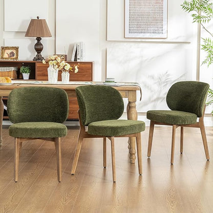 YOUNIKE Olive Green Dining Chair with High Back Set of 3 Mid Century Modern Kitchen Chair Boucle Fabric Upholstered Armless Accent Chair 20" Wide Padded Seat with Wooden Legs for Living Room Bedroom