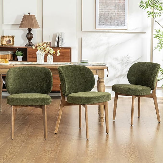 YOUNIKE Olive Green Dining Chair with High Back Set of 3 Mid Century Modern Kitchen Chair Boucle Fabric Upholstered Armless Accent Chair 20" Wide Padded Seat with Wooden Legs for Living Room Bedroom