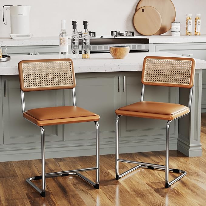 Alunaune 24inch Brown Rattan Barstools Set of 2, Upholstered Modern Counter Bar Height Stools with Metal Chrome Legs for Living Room