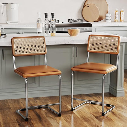 Alunaune 24inch Modern Natural Rattan Bar Stools Set of 4, Upholstered Mid Century Counter Height Bar Stools Kitchen Chairs Comfy Side Dining Chair with Metal Chrome Legs-Brown with PU Seat