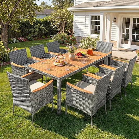 Devoko Outdoor Patio Dining Sets 9 Pieces Wicker Outdoor Dining Table and Chairs Set with Acacia Wood Table Top and Widened Armrests for Backyard, Garden, Deck (Grey)