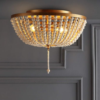 JONATHAN Y 15" Antique Gold/Cream Allison 3-Light LED Flush Mount Ceiling Light for Bedroom, Wood Beaded Shade Shabby Chic Farmhouse Rustic Decor, LED Bulbs Included (JYL9019A)
