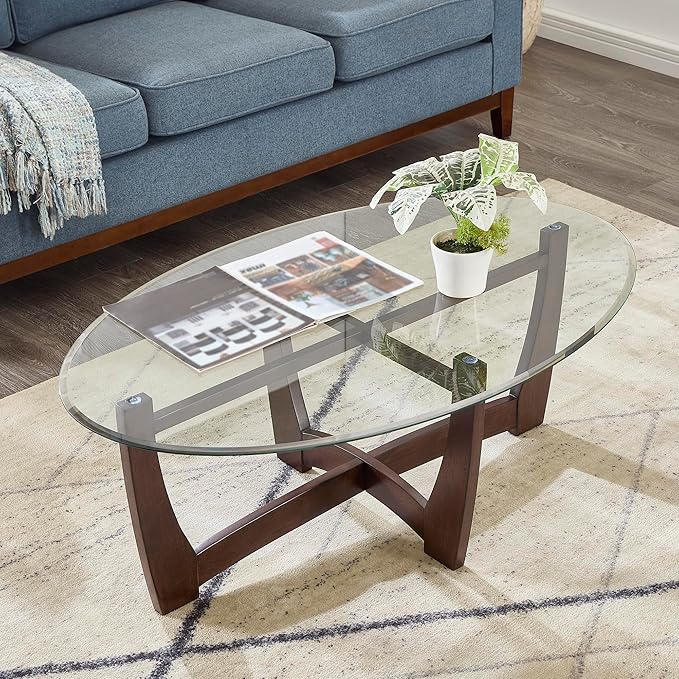 48" Oval Coffee Tables, Modern Center Table with Tempered Glass Tabletop Cross and Solid Wood Base, Small Space Coffee Table for Living Room Cherry