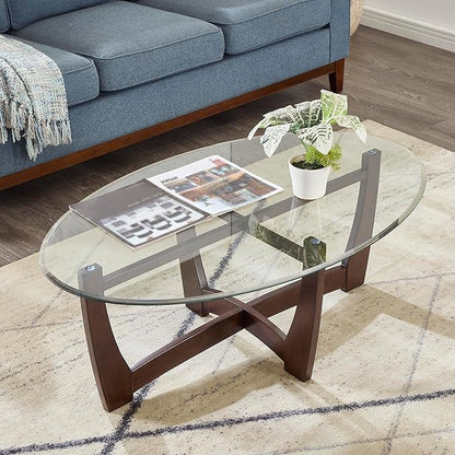48" Oval Coffee Tables, Modern Center Table with Tempered Glass Tabletop Cross and Solid Wood Base, Small Space Coffee Table for Living Room Cherry