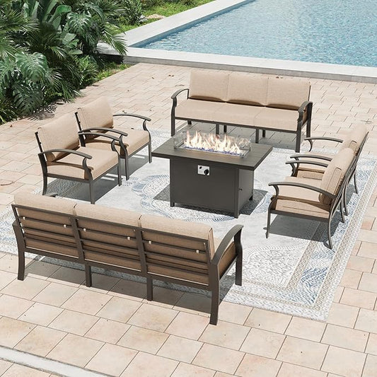 Metal Outdoor Patio Furniture Set for 10,Aluminum Patio Sectional Set w/Propane Fire Pit Table,Outside Furniture w/Removable Sponge Cushion for Porch, Balcony, Yard,Sand