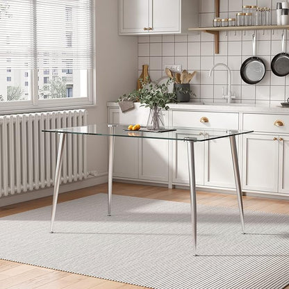 Glass Dining Table for 4 with 51 inch Clear Rectangular Glass Top, 0.31" Modern Tempered Glass Kitchen Table Furniture with 4 Silver Plating Metal Legs for Home Dining Room