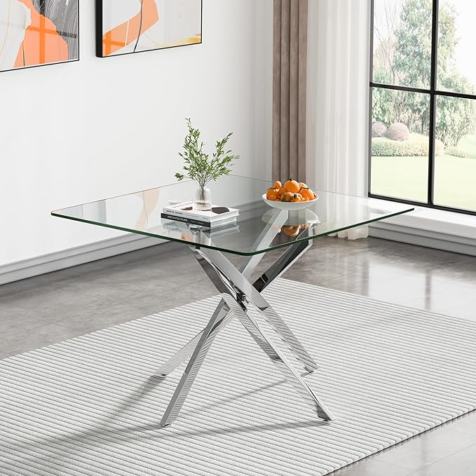 Square Dining Table for 4, 36 Inch Glass Kitchen Table with Silver X Metal Legs, Modern Tempered Glass Dinner Room Table for Small Space Dining Room Kitchen Restaurant