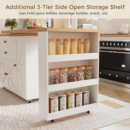 IRONCK Kitchen Island with 360° Swivel Table, 71 inch Rolling Kitchen Island Cart with Storage, Home Bar Table with Spice Rack and Drawers, Mobile Wood Kitchen Island on Wheels, White
