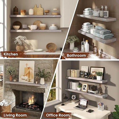 Long Live Edge Floating Shelf, 55 Inch Solid Elm Wood - Weathered Gray Rustic Wood Wall Shelf with Invisible Brackets for Living Room, Kitchen, Bathroom