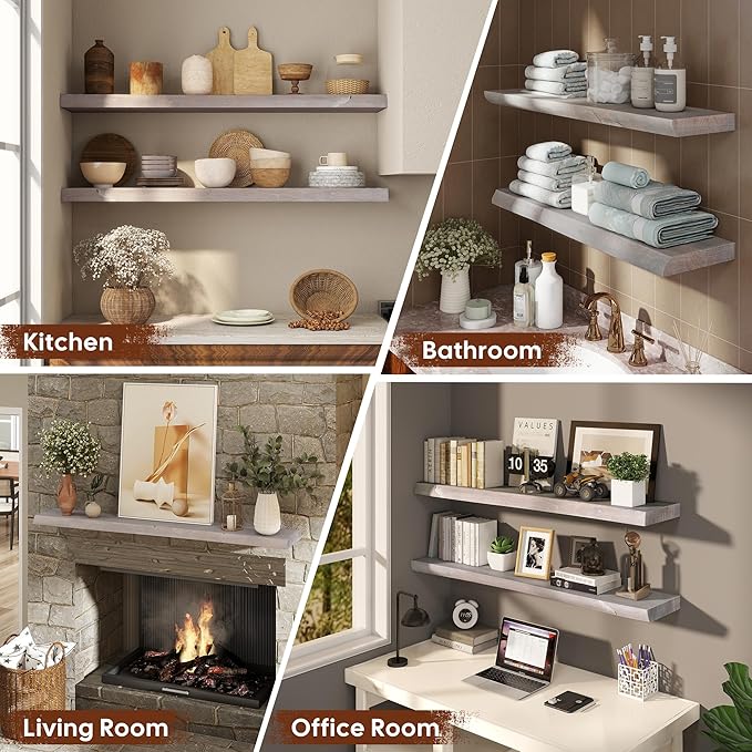 Live Edge Floating Shelves Set of 2, 24 Inch Solid Elm Wood Wall Shelves - Invisible Bracket Mount for Living Room, Bedroom, Kitchen, Bathroom | Weathered Gray