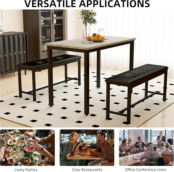 Dining Table Set for 4, Wood Kitchen Table & Chair with 2 Upholstered Benches for Breakfast Nook and Small Space, Grey