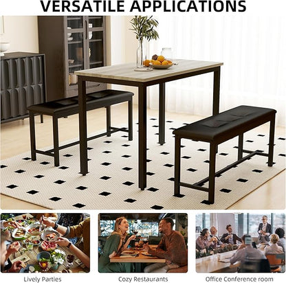 Dining Table Set for 4, Wood Kitchen Table & Chair with 2 Upholstered Benches for Breakfast Nook and Small Space, Grey