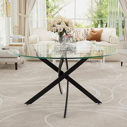 47-Inch Round Tempered Glass Dining Table for 2-4 Person - Heavy-Duty Black Metal Base with Adjustable Non-Slip Mats - Modern Small Kitchen Table for Dining Room, Apartment, Condo (Clear Top)