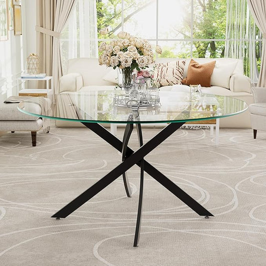 47-Inch Round Tempered Glass Dining Table for 2-4 Person - Heavy-Duty Black Metal Base with Adjustable Non-Slip Mats - Modern Small Kitchen Table for Dining Room, Apartment, Condo (Clear Top)