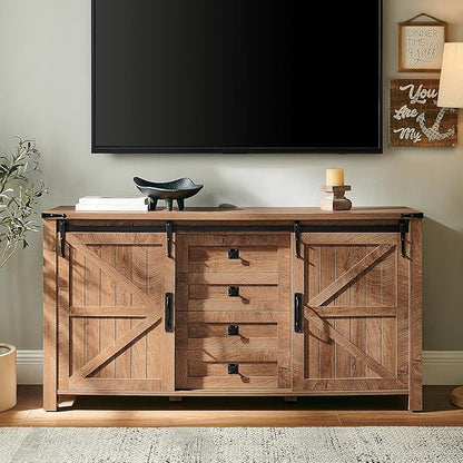 T4TREAM Farmhouse Sideboard Buffet Cabinet with Storage, 60" Large Kitchen Cabinet w/Sliding Barn Doors and 4 Drawers, 31.2'' Tall Wood Coffee Bar Table for Dining Room, Light Tree Knot