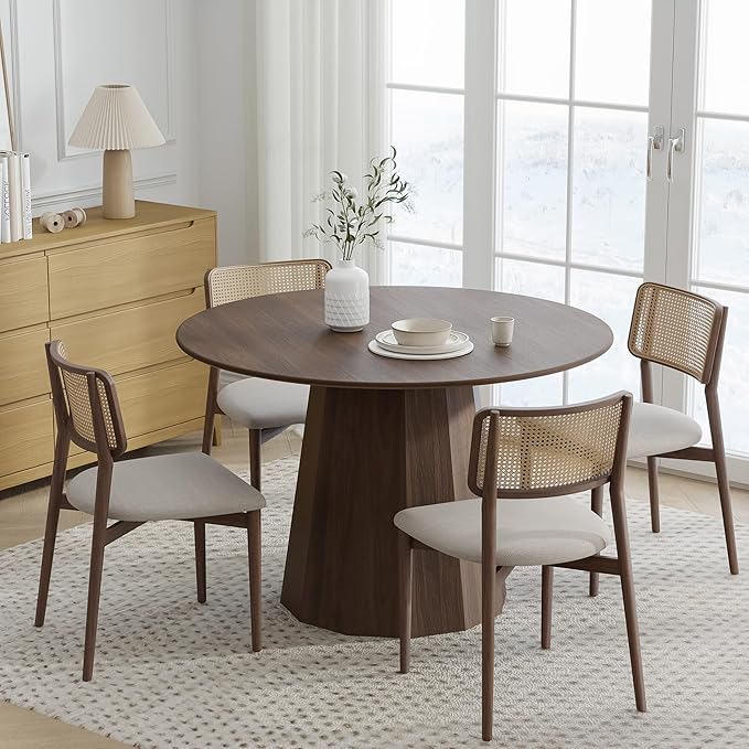 Casaphoria 46" Round Dining Table, Modern Wood Kitchen Table with Cone Shaped Strip Polygonal Base for Living Room & Dining Room, Easy Assembly Farmhouse Furniture for 4-6, Walnut
