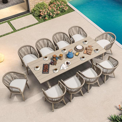PURPLE LEAF Outdoor Dining Set with Waterproof Furniture Cover 11-Piece All-Weather Patio Set for 10 with Champagne Aluminum Table Rope Weave Chairs and Cushions, Champagne