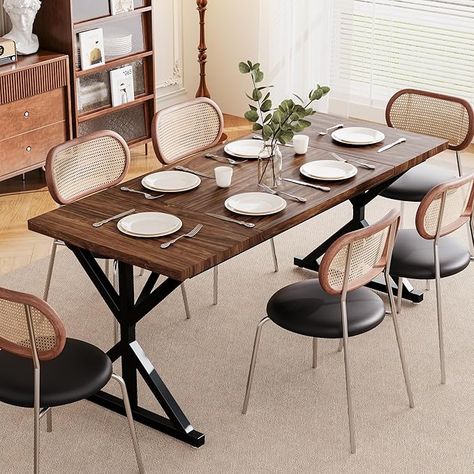 Farmhouse Dining Table for 6 People, 70.8 Inch Rectangular Wood Dining Table, Rustic Kitchen Table with Extra Heavy Duty Metal Legs for Dining Room-Walnut