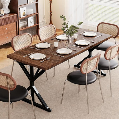 Farmhouse Dining Table for 6 People, 70.8 Inch Rectangular Wood Dining Table, Rustic Kitchen Table with Extra Heavy Duty Metal Legs for Dining Room-Walnut