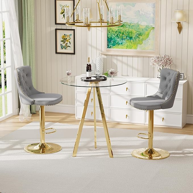 31.5'' Glass Pub Table and Chairs Set, Retro Adjustable Bar Stools, Small Round Bistro Bar Table with 2 Velvet Metal Bar Stools (Gold Metal Legs, Clear Top + Grey Chair)