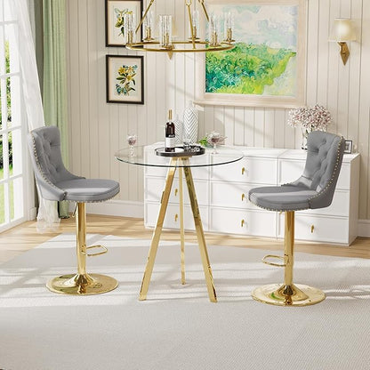 31.5'' Glass Pub Table and Chairs Set, Retro Adjustable Bar Stools, Small Round Bistro Bar Table with 2 Velvet Metal Bar Stools (Gold Metal Legs, Clear Top + Grey Chair)
