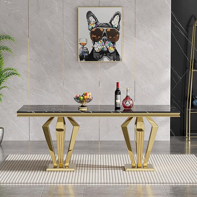Black Marble Dining Table for 4 6 8, Modern 68 Inch Kitchen Table with Faux Marble Top and Gold Dimaond Design Pedestal Base, Luxurious Rectangular Large Dining Room Table,Home Kitchen Furniture