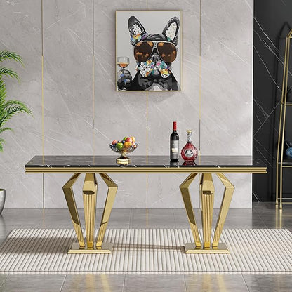 Black Marble Dining Table for 4 6 8, Modern 68 Inch Kitchen Table with Faux Marble Top and Gold Dimaond Design Pedestal Base, Luxurious Rectangular Large Dining Room Table,Home Kitchen Furniture