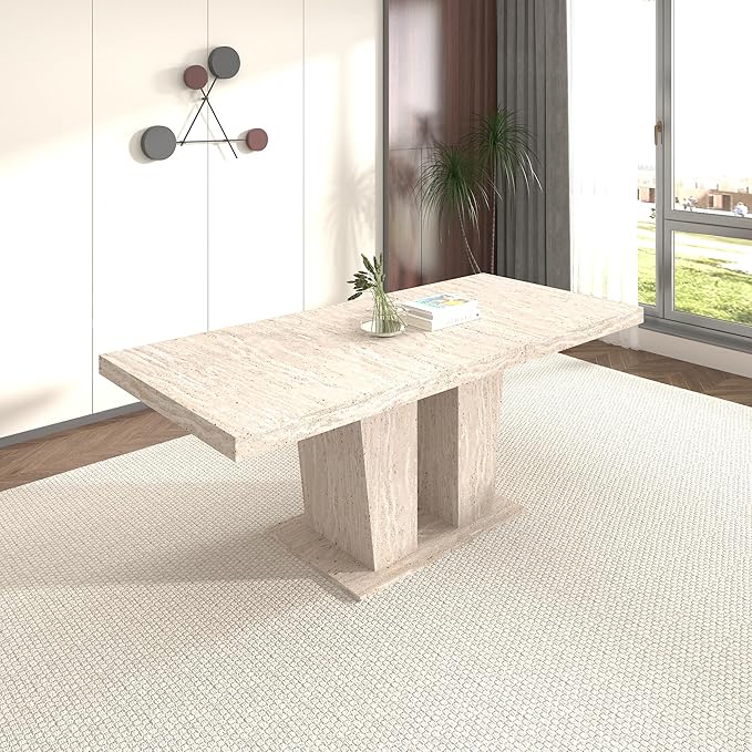 78.74" Extendable Dining Table for 6 8 10 Person, Modern Travertine Expandable Kitchen Table with Dual Column Pedestal Base, Large Rectangle Wooden Expanding Table for Kitchen Dining Conference Room