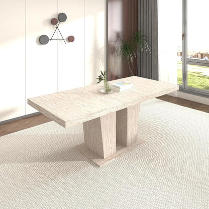 78.74" Extendable Dining Table for 6 8 10 Person, Modern Travertine Expandable Kitchen Table with Dual Column Pedestal Base, Large Rectangle Wooden Expanding Table for Kitchen Dining Conference Room