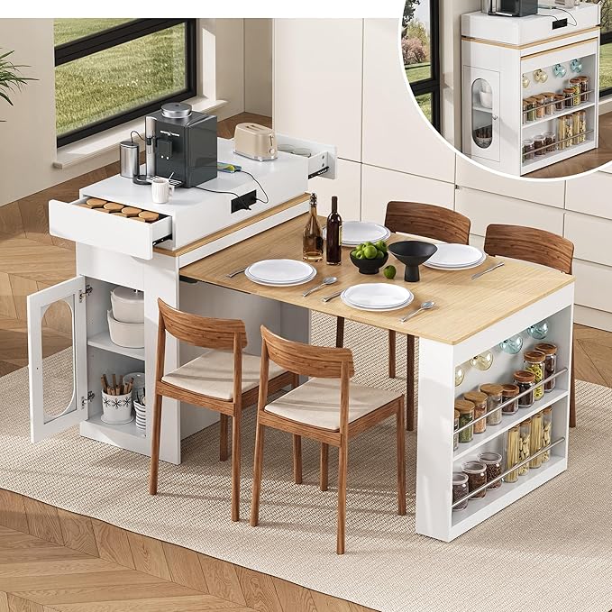 Harper & Bright Designs Extendable Kitchen Island Dining Table with Folding Tabletop, Mobile Bar Table with Drawers, Power Outlet & Wheels, Sideboard for Dining Room & Kitchen (Creamy White+Natural)