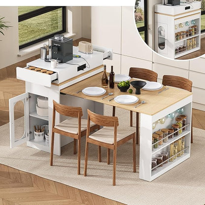 Harper & Bright Designs Extendable Kitchen Island Dining Table with Folding Tabletop, Mobile Bar Table with Drawers, Power Outlet & Wheels, Sideboard for Dining Room & Kitchen (Creamy White+Natural)